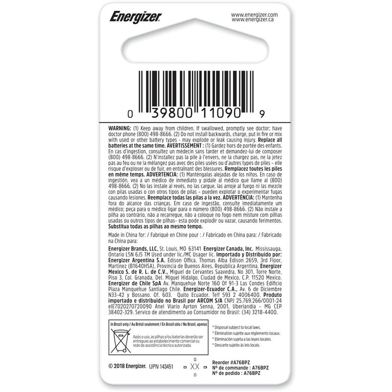 Energizer Alkaline A76 1.5 V 150 mAh Button Cell Battery