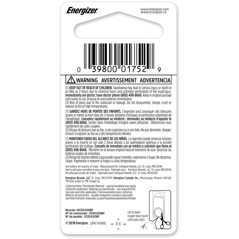 Energizer Lithium Coin 2430 3 V 0.29 mAh Keyless Entry Battery