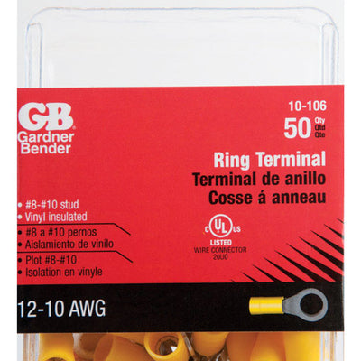 Gardner Bender 12-10 Ga. Insulated Wire Ring Terminal Yellow 50 pk