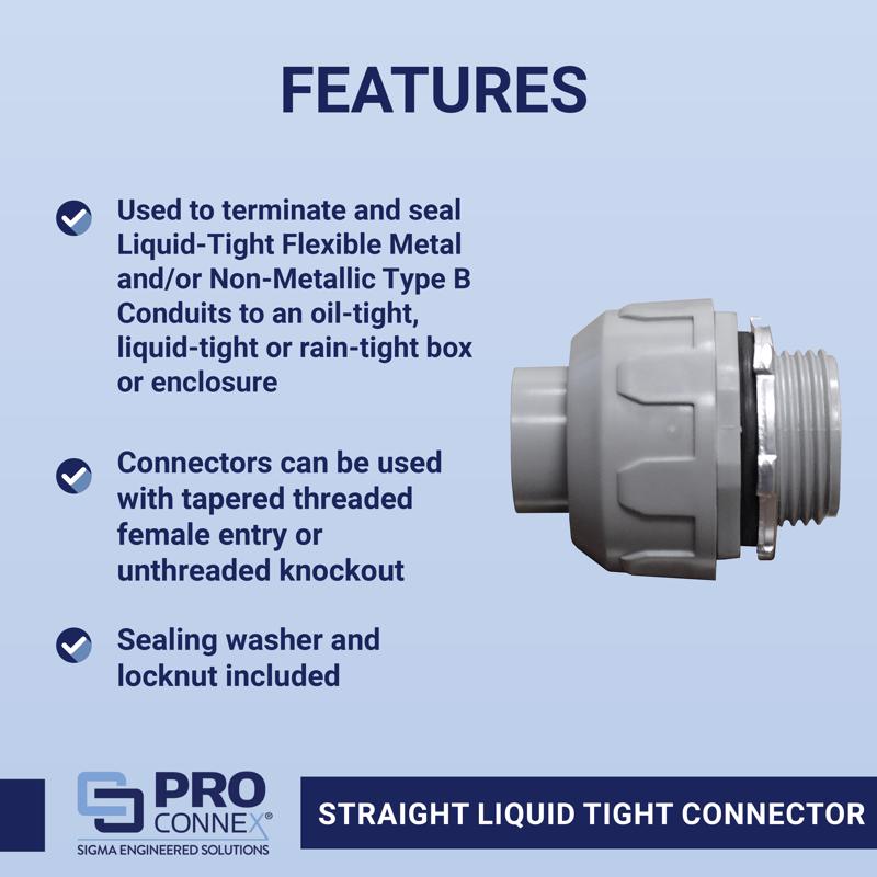 Sigma Electric ProConnex 1/2 in. D Plastic Straight Connector For Liquid Tight
