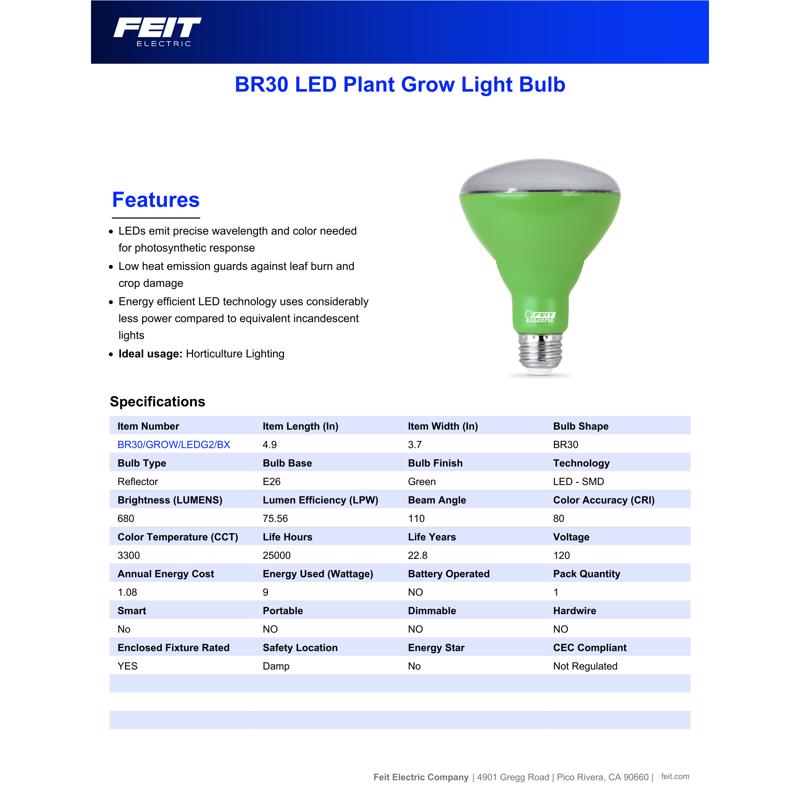 Feit BR30 E26 (Medium) LED Grow Light Sunlight 60 Watt Equivalence