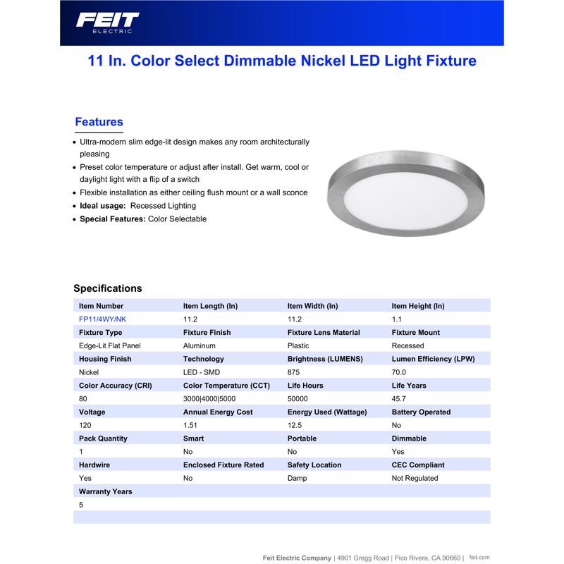 Feit EDGELIT 1.1 in. H X 11.2 in. W X 11.2 in. L Nickel Silver LED Flat Panel Light Fixture