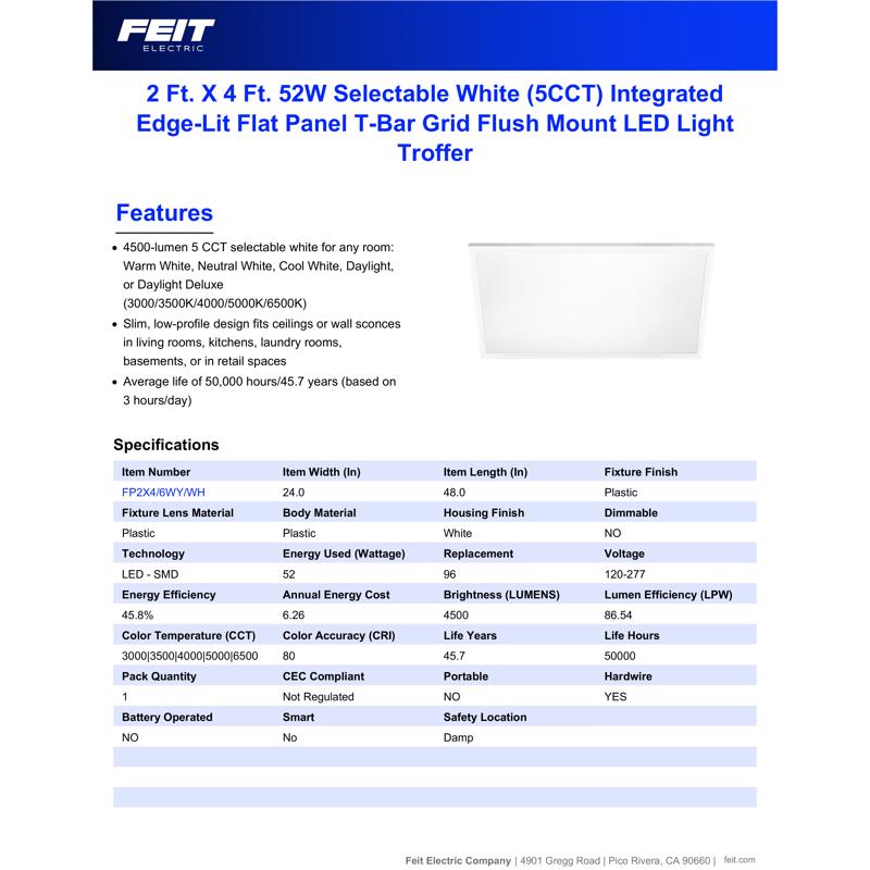 Feit EDGELIT 1 in. H X 24 in. W X 48 in. L Frost White LED Flat Panel Light Fixture