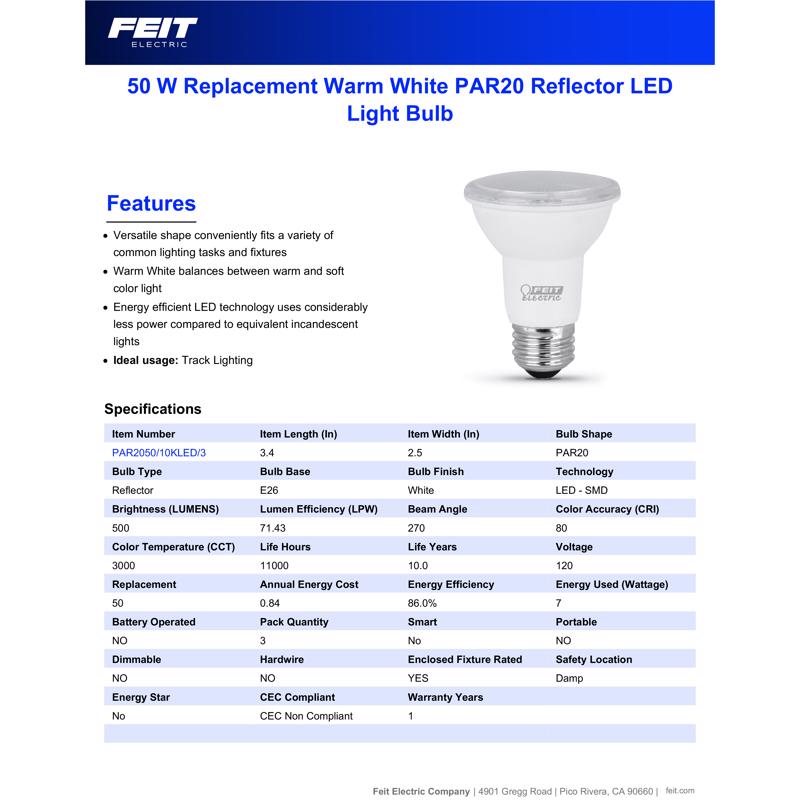 Feit PAR20 E26 (Medium) LED Bulb Warm White 50 Watt Equivalence 3 pk