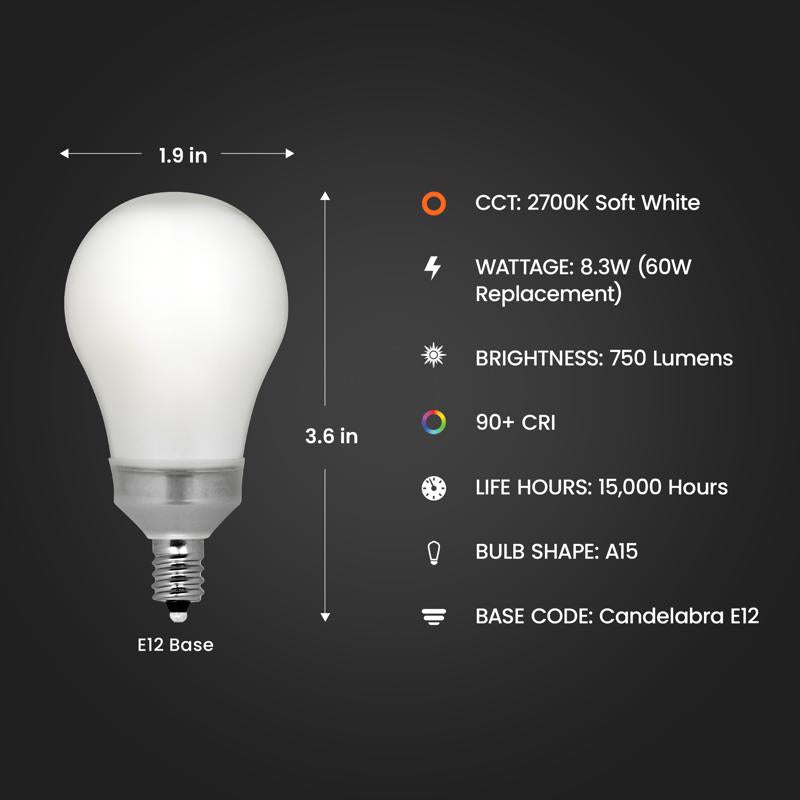 Feit Enhance A15 E12 (Candelabra) LED Bulb Soft White 60 Watt Equivalence 2 pk