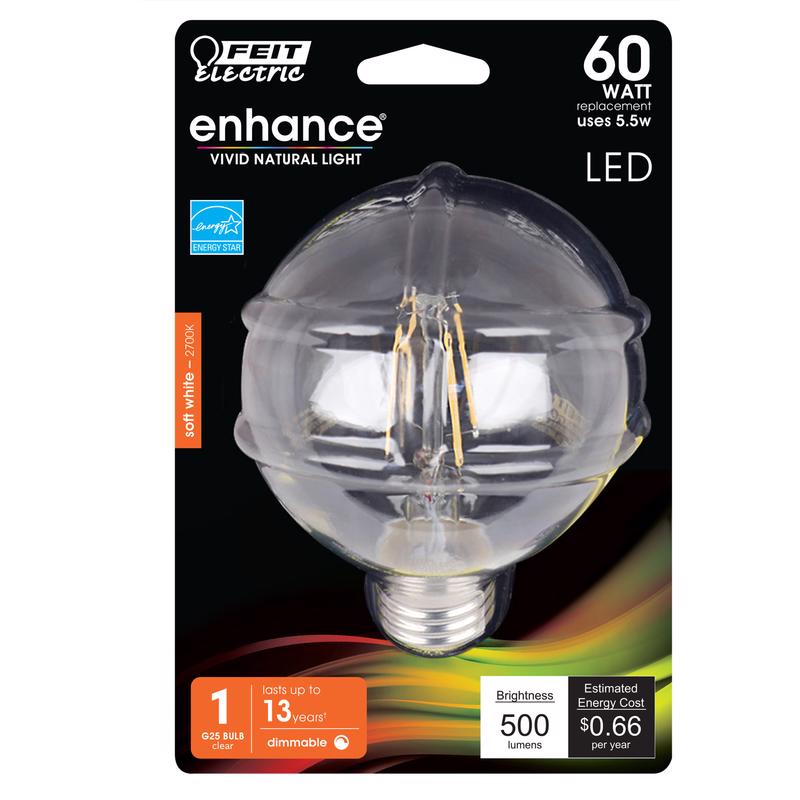 Feit Enhance G25 E26 (Medium) Filament LED Bulb Soft White 60 Watt Equivalence
