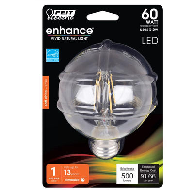 Feit Enhance G25 E26 (Medium) Filament LED Bulb Soft White 60 Watt Equivalence