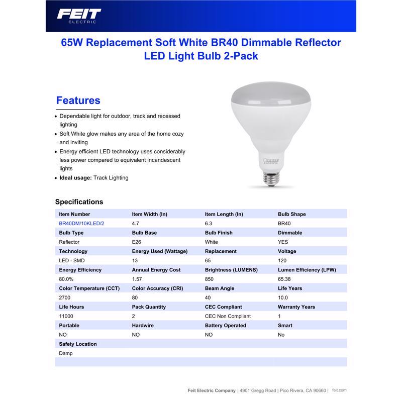 Feit Performance BR40 E26 (Medium) LED Bulb Soft White 65 Watt Equivalence 2 pk