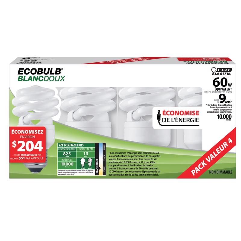 Feit Ecobulb 13 W A19 1.52 in. D X 3.6 in. L CFL Bulb Soft White Utility 2700 K 4 pk