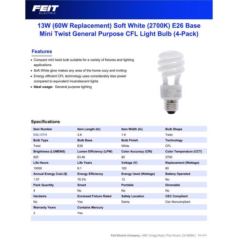 Feit Ecobulb 13 W A19 1.52 in. D X 3.6 in. L CFL Bulb Soft White Utility 2700 K 4 pk