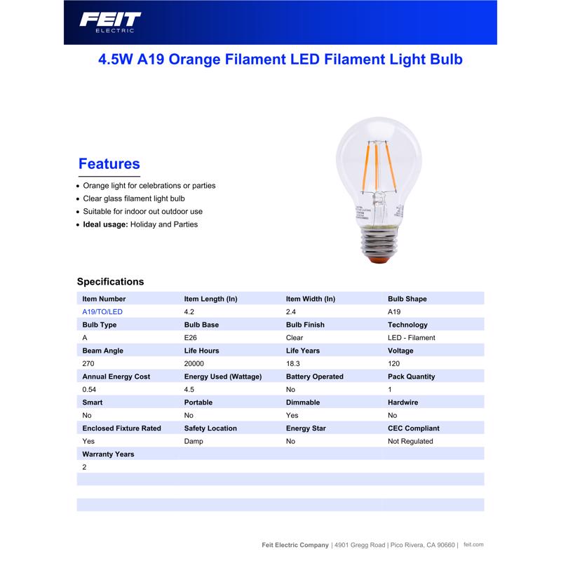 Feit A19 E26 (Medium) Filament LED Bulb Orange 30 Watt Equivalence
