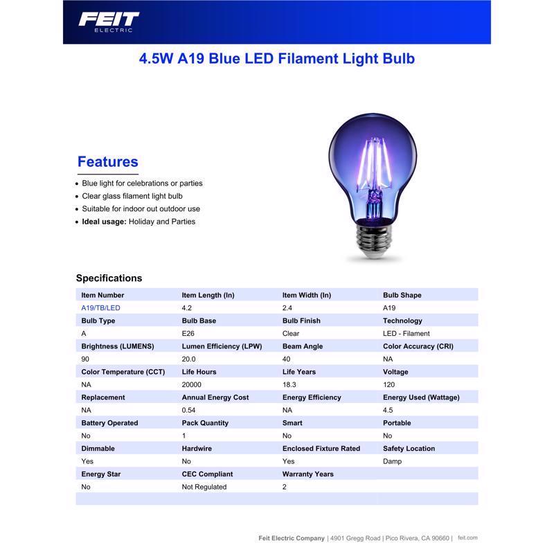 Feit A19 E26 (Medium) Filament LED Bulb Blue 30 Watt Equivalence