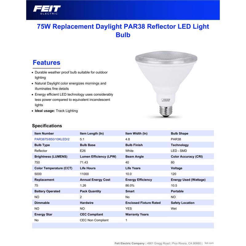 Feit PAR38 E26 (Medium) Smart-Enabled LED Bulb Daylight 75 Watt Equivalence 2 pk