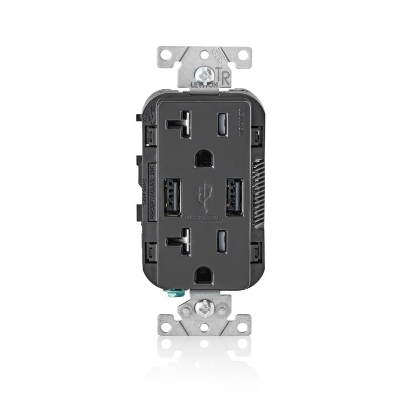 Leviton Decora 20 amps 125 V Black Outlet and USB Charger 5-20R