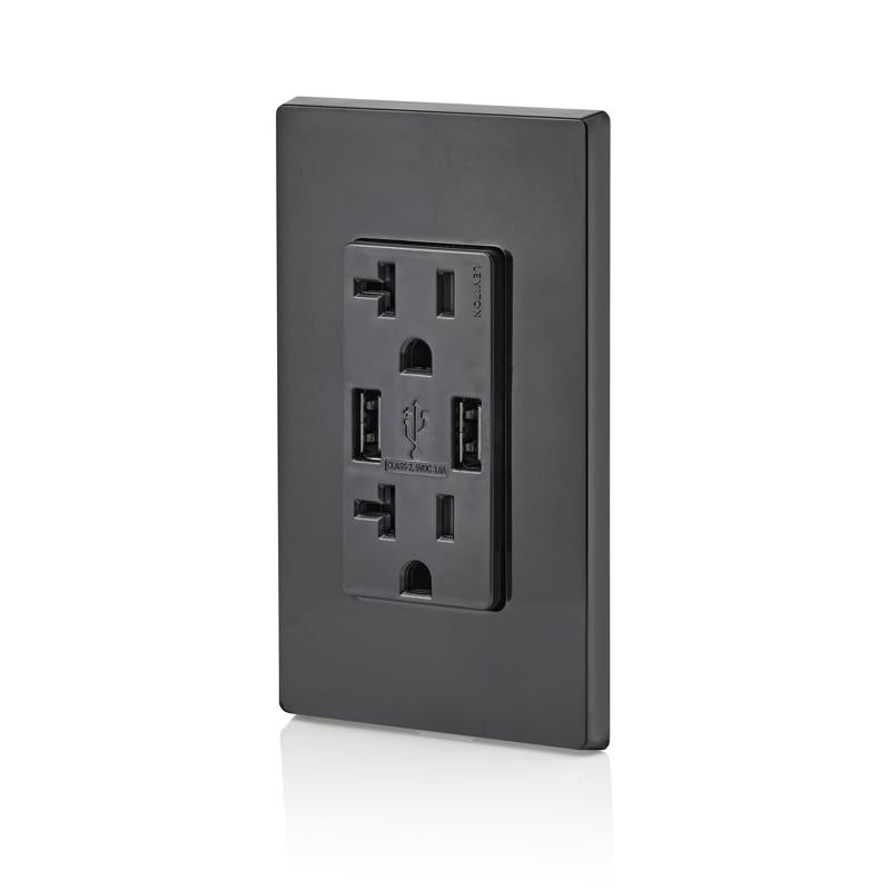 Leviton Decora 20 amps 125 V Black Outlet and USB Charger 5-20R