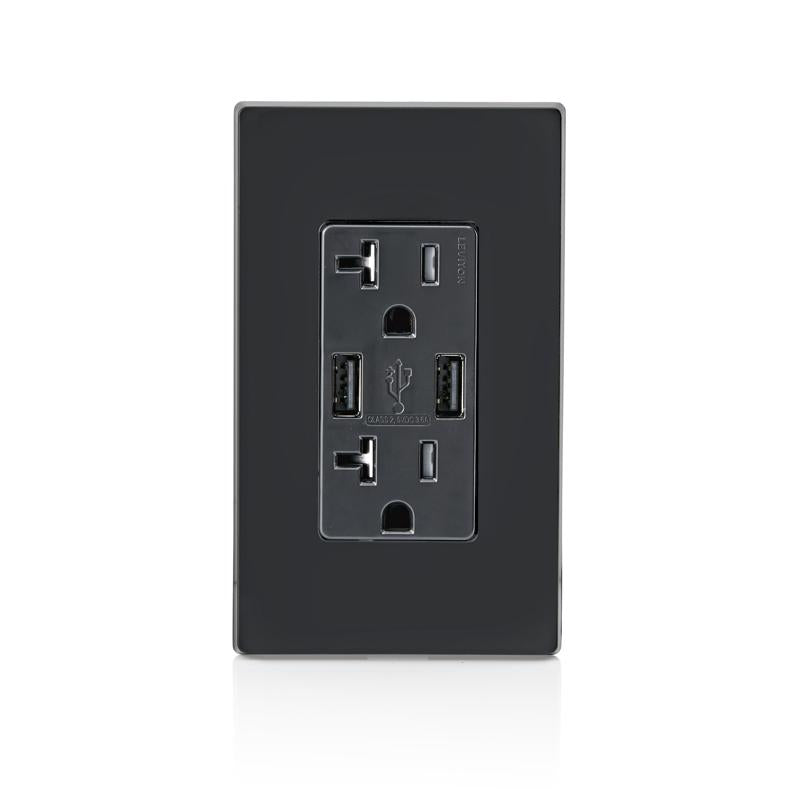 Leviton Decora 20 amps 125 V Black Outlet and USB Charger 5-20R