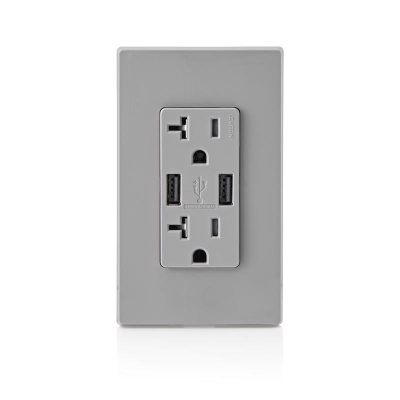 Leviton Decora 20 amps 125 V Gray Outlet and USB Charger 5-20R