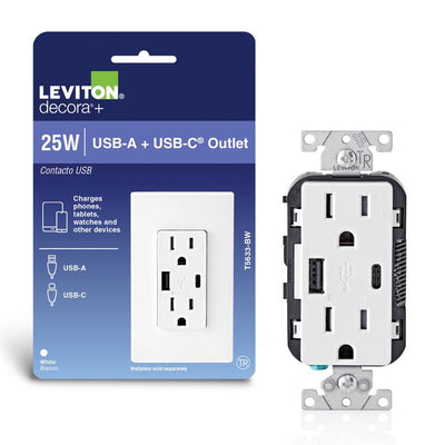 Leviton Decora 15 amps 125 V Type A/C Duplex White Outlet and USB Charger 5-15R