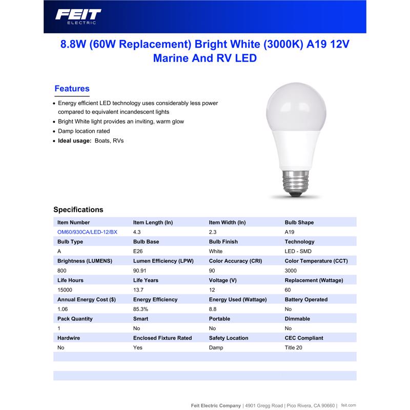 Feit A19 E26 (Medium) LED Bulb Bright White 60 Watt Equivalence