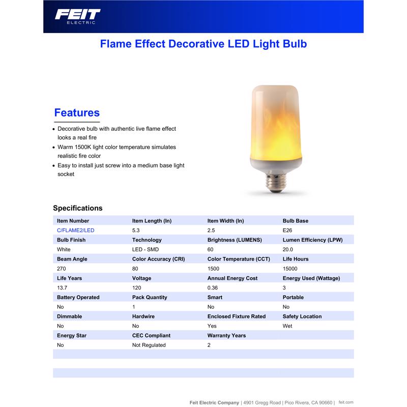 Feit Flame Bulb S6 E26 (Medium) LED Bulb Warm Candle Light 30 Watt Equivalence