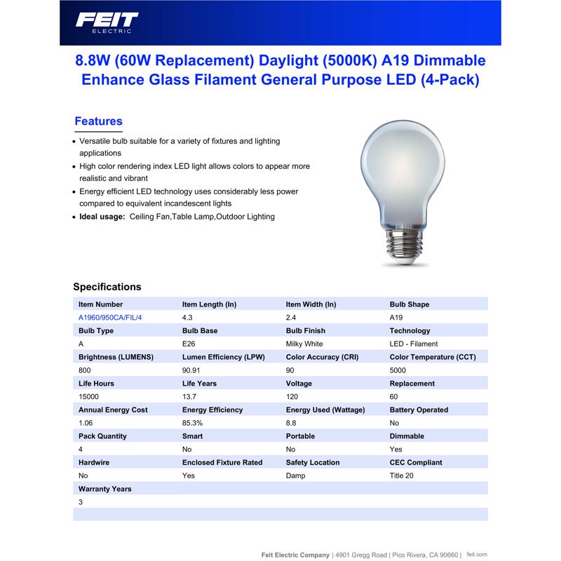 Feit Enhance A19 E26 (Medium) LED Bulb Daylight 60 Watt Equivalence 4 pk