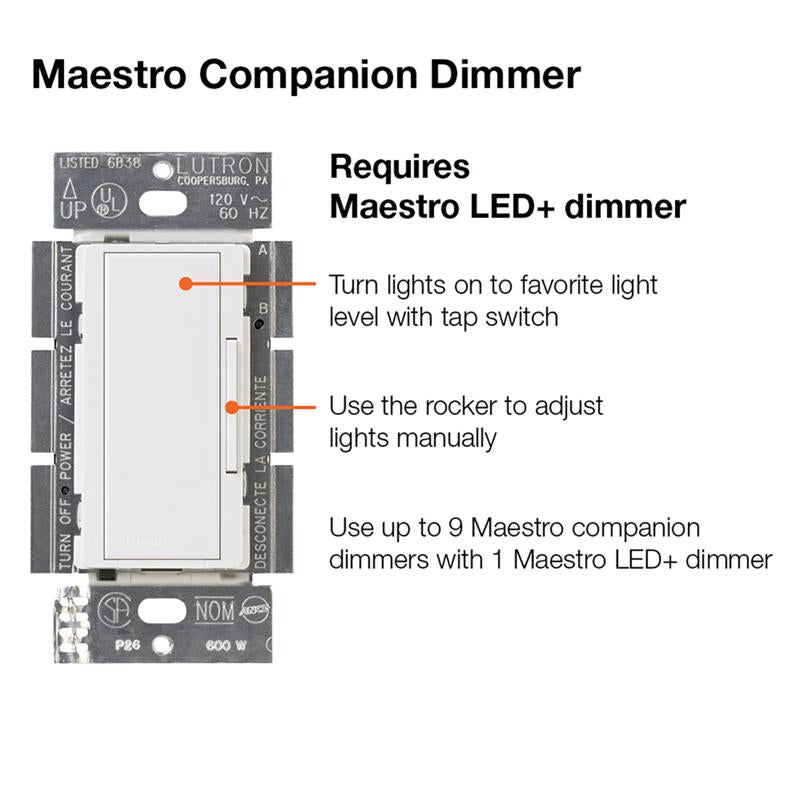 Lutron Maestro White 600 W Dual Control Dimmer Switch