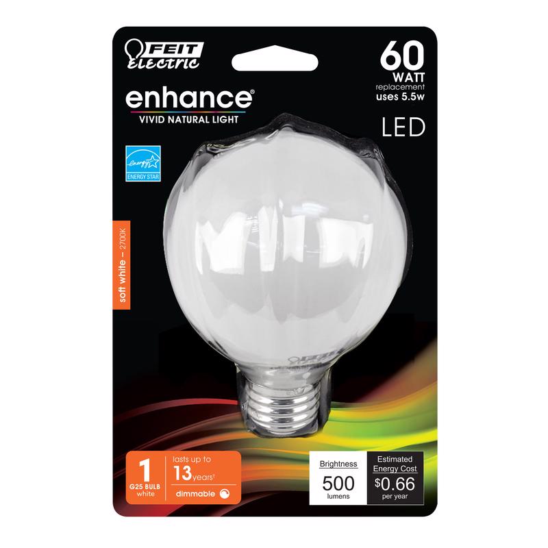 Feit Enhance G25 E26 (Medium) LED Bulb Soft White 60 Watt Equivalence