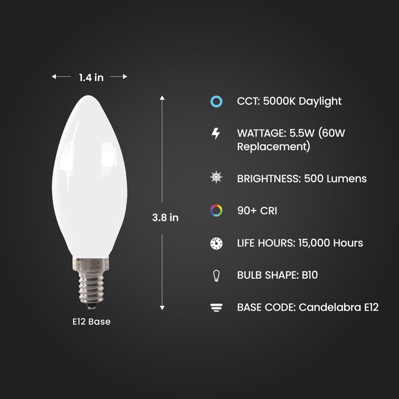 Feit Enhance Blunt Tip E12 (Candelabra) Filament LED Bulb Daylight 60 Watt Equivalence 2 pk
