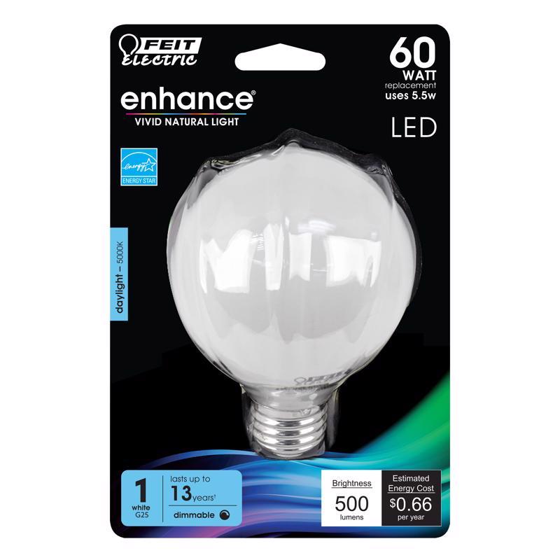 Feit Enhance G25 E26 (Medium) Filament LED Bulb Daylight 60 Watt Equivalence