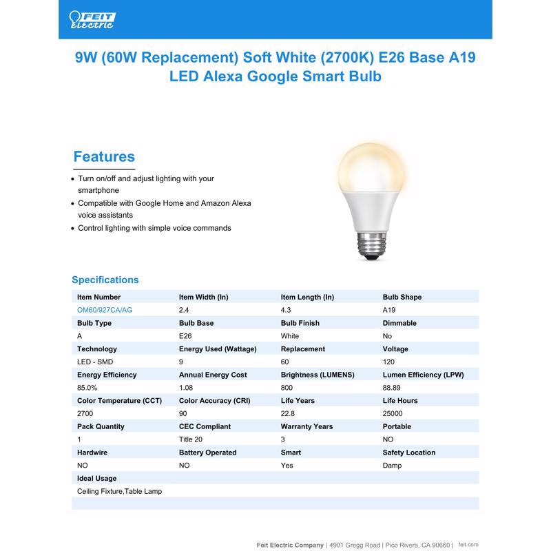 Feit Smart Home A19 E26 (Medium) Smart-Enabled LED Bulb Soft White 60 Watt Equivalence