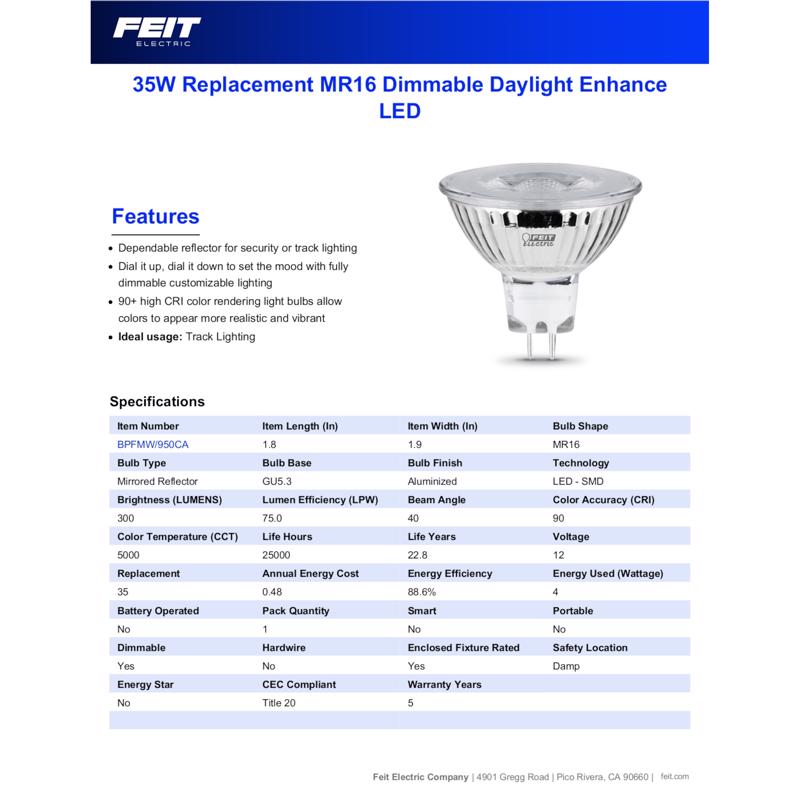 Feit Enhance MR16 GU5.3 LED Bulb Daylight 35 Watt Equivalence