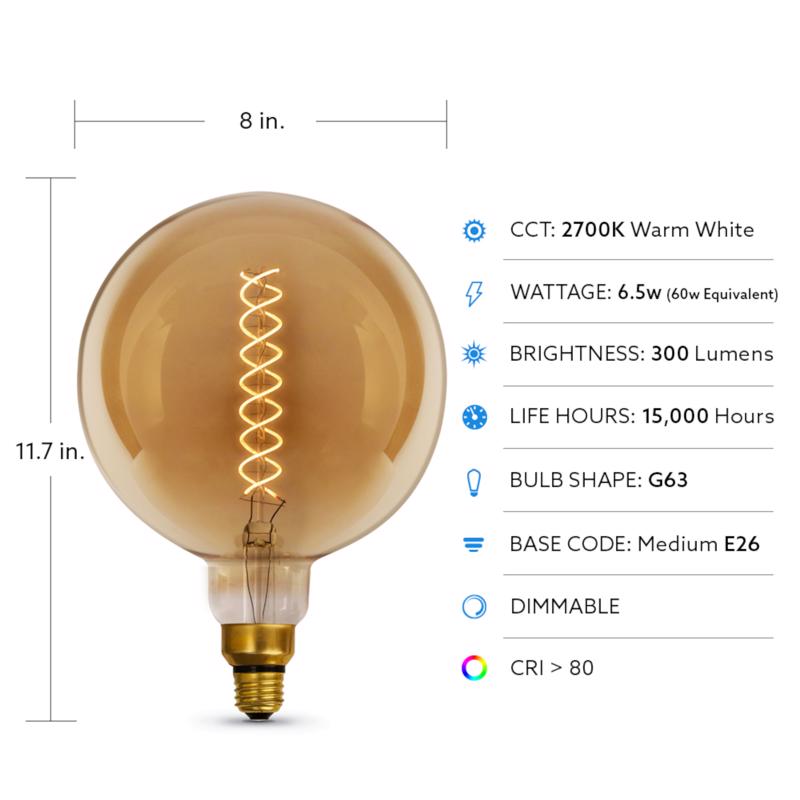 Feit G63 E26 (Medium) Filament LED Bulb Amber White 60 Watt Equivalence