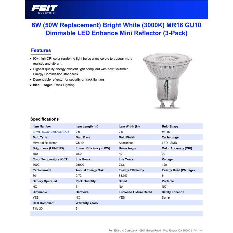 Feit Enhance MR16 GU10 LED Bulb Bright White 50 Watt Equivalence 3 pk