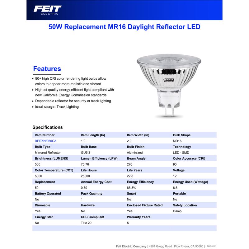 Feit Enhance MR16 GU5.3 LED Bulb Daylight 50 Watt Equivalence