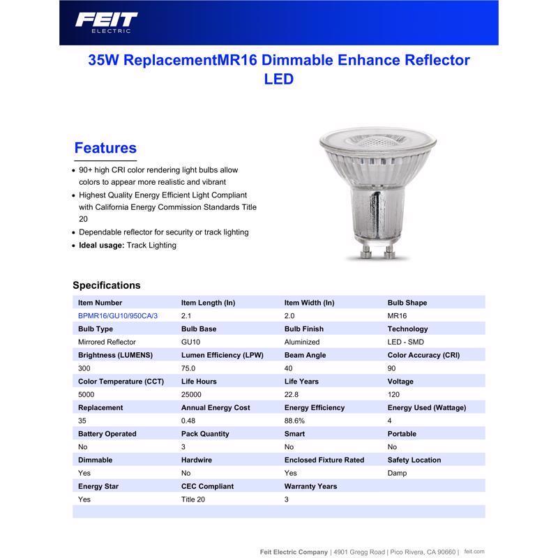 Feit Enhance MR16 GU10 LED Bulb Daylight 35 Watt Equivalence