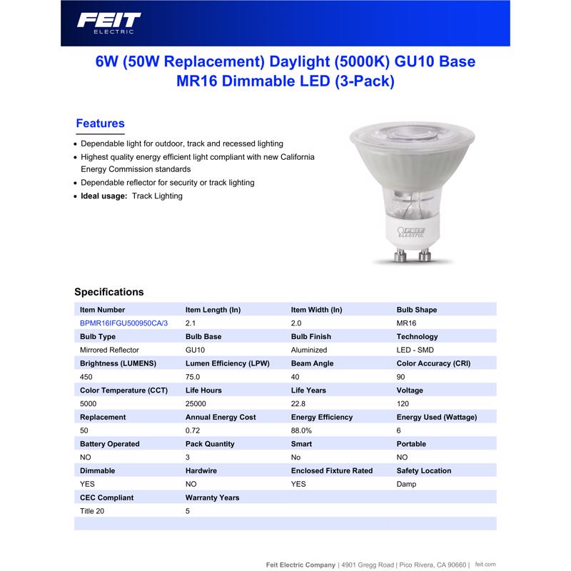 Feit Enhance MR16 GU10 LED Bulb Daylight 50 Watt Equivalence 3 pk