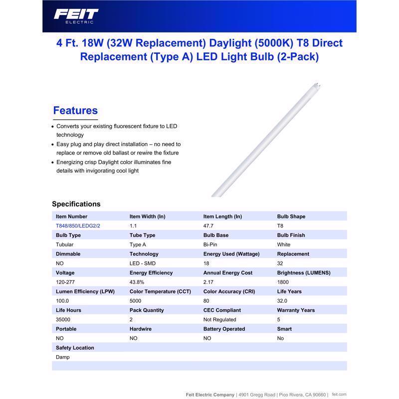 Feit Plug & Play T8 Daylight 47.7 in. Bi-Pin Linear LED Bulb 32 Watt Equivalence 2 pk