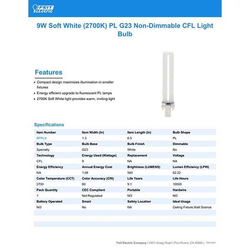 Feit Legacy Bulbs 9 W PL 1.3 in. D X 6.5 in. L CFL Bulb Soft White Specialty 2700 K