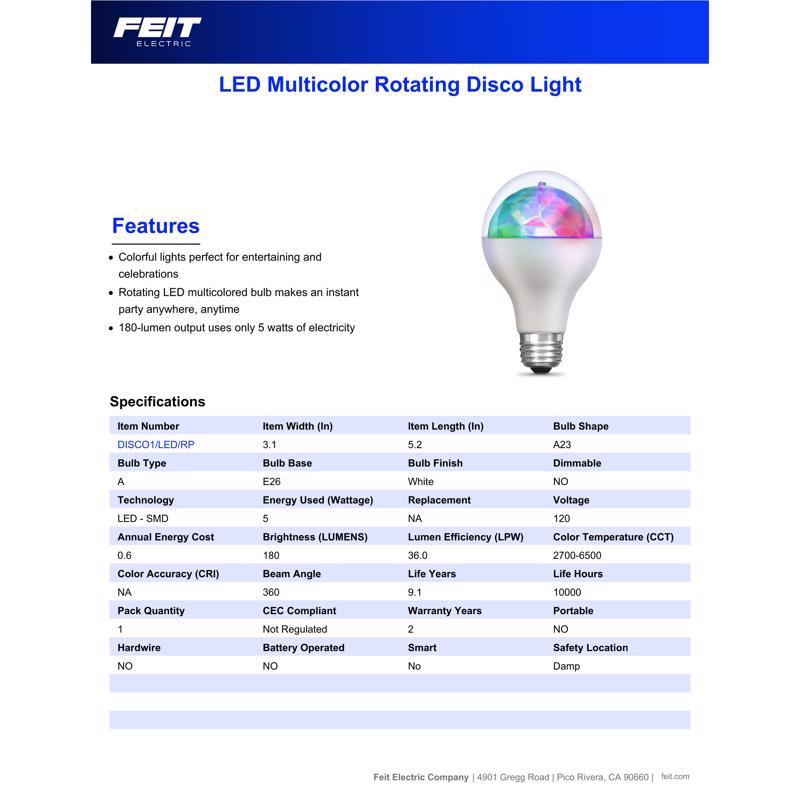 Feit A19 E26 (Medium) LED Bulb Color Changing 5 Watt Equivalence