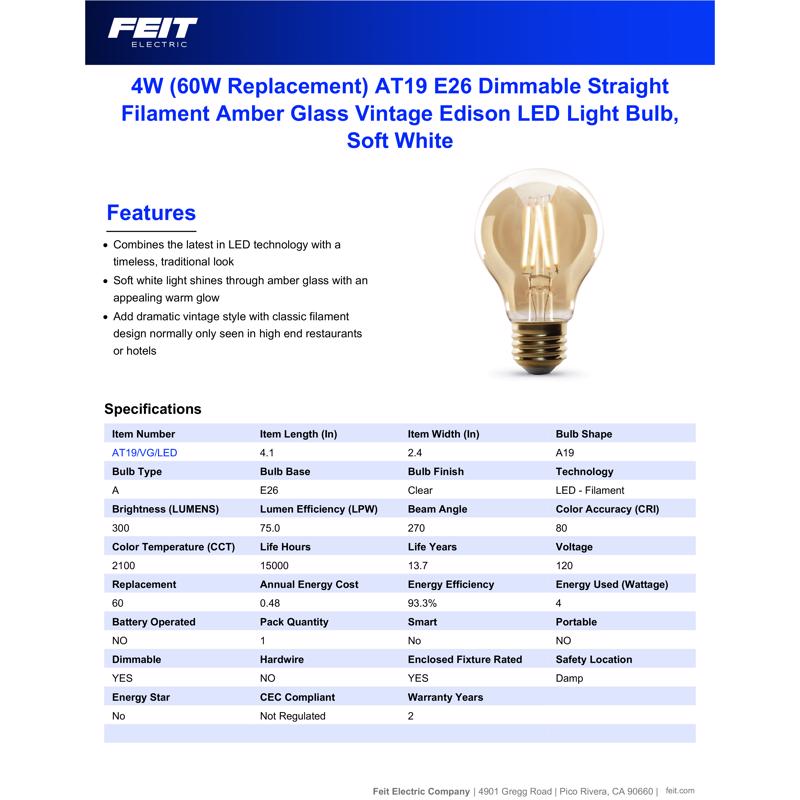 Feit A19 E26 (Medium) LED Bulb Amber Soft White 60 Watt Equivalence
