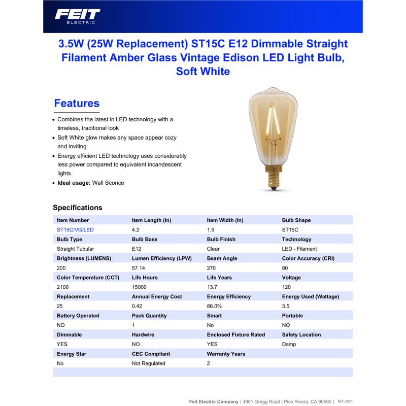 Feit ST15 E12 (Candelabra) Filament LED Bulb Amber Soft White 25 Watt Equivalence