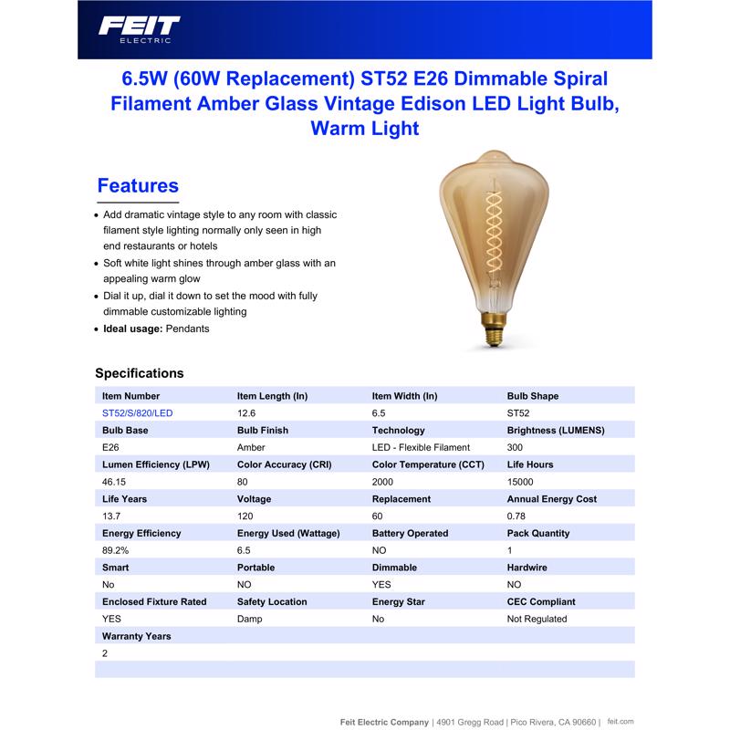 Feit ST52 E26 (Medium) LED Bulb Amber 60 Watt Equivalence