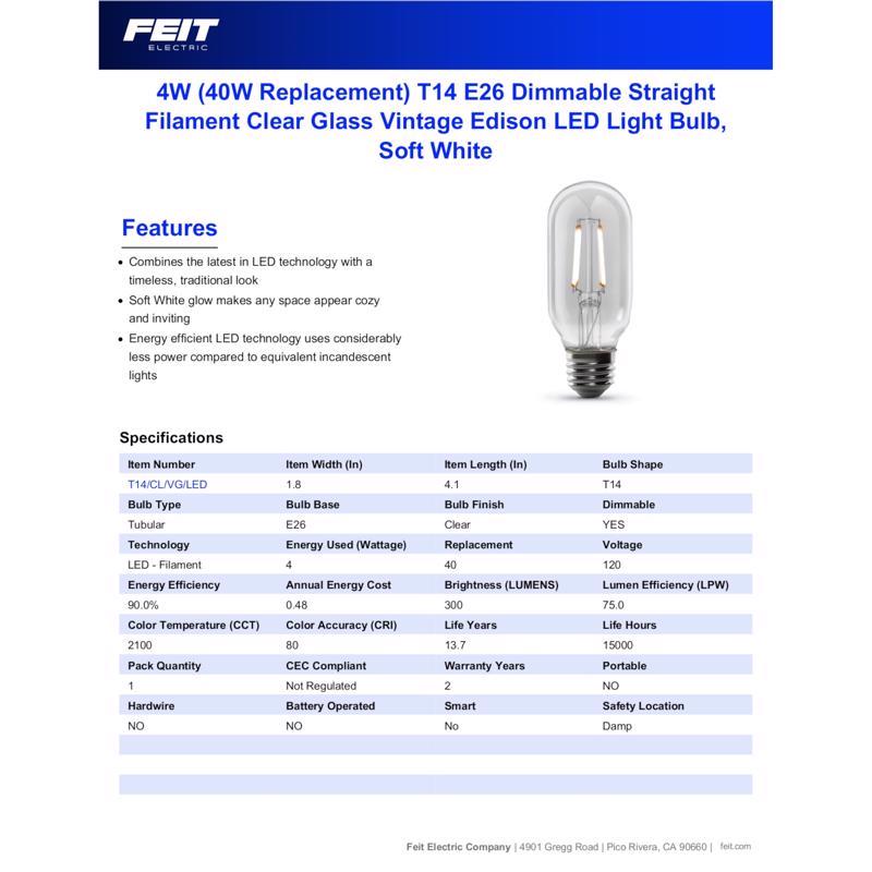 Feit T14 E26 (Medium) LED Bulb Soft White 40 Watt Equivalence
