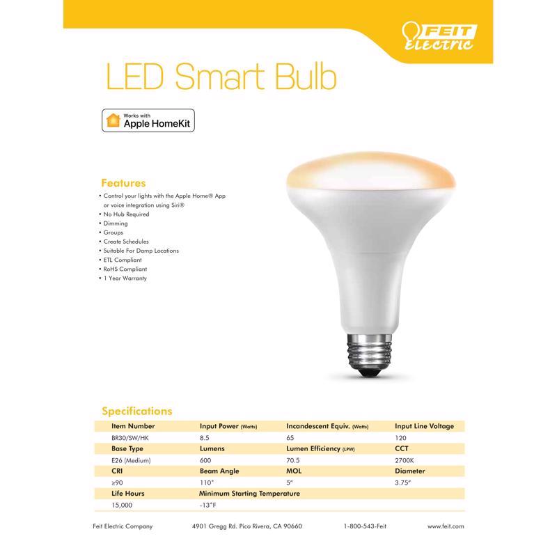 Feit Smart Home BR30 E26 (Medium) Smart-Enabled LED Bulb White 65 Watt Equivalence