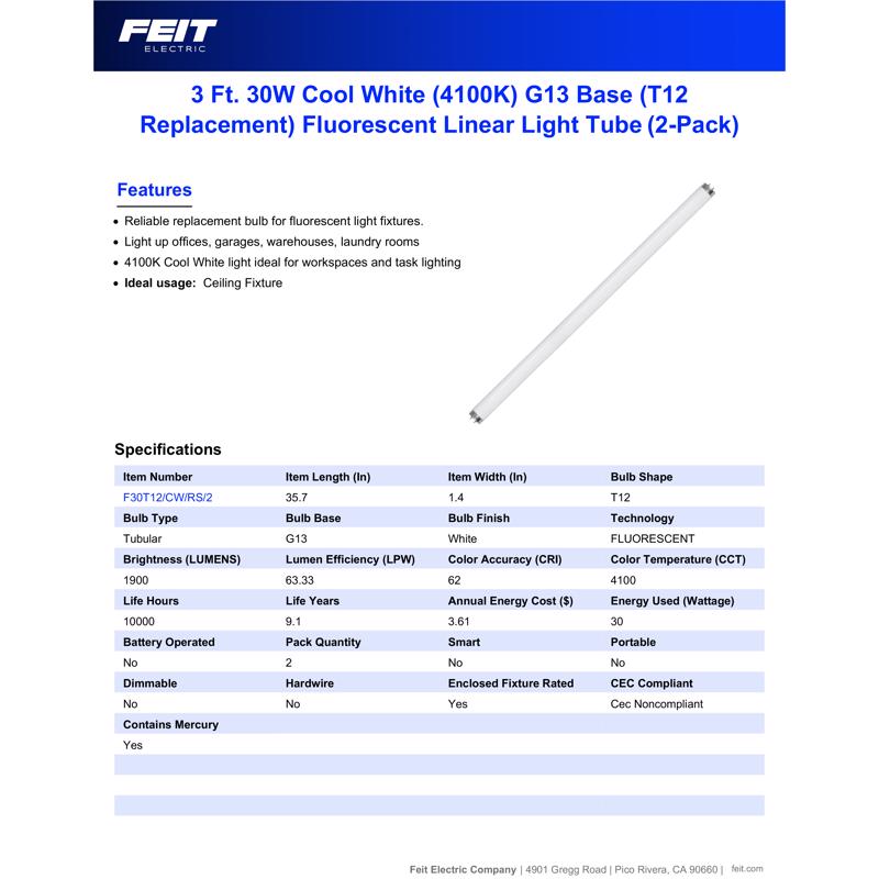 Feit Legacy Bulbs 30 W T12 1.5 in. D X 36 in. L Fluorescent Bulb Cool White Linear 4100 K 2 pk