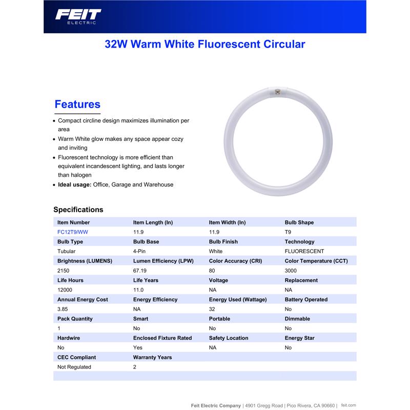 Feit Legacy Bulbs 32 W T9 11.9 in. D X 11.9 in. L Circline Fluorescent Bulb Warm White Circular 3000