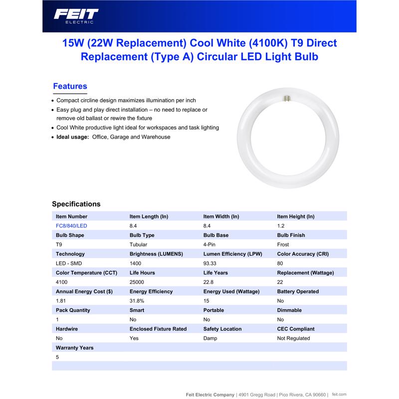 Feit Plug & Play T9 Cool White 8 in. G10Q Circular LED Bulb 22 Watt Equivalence