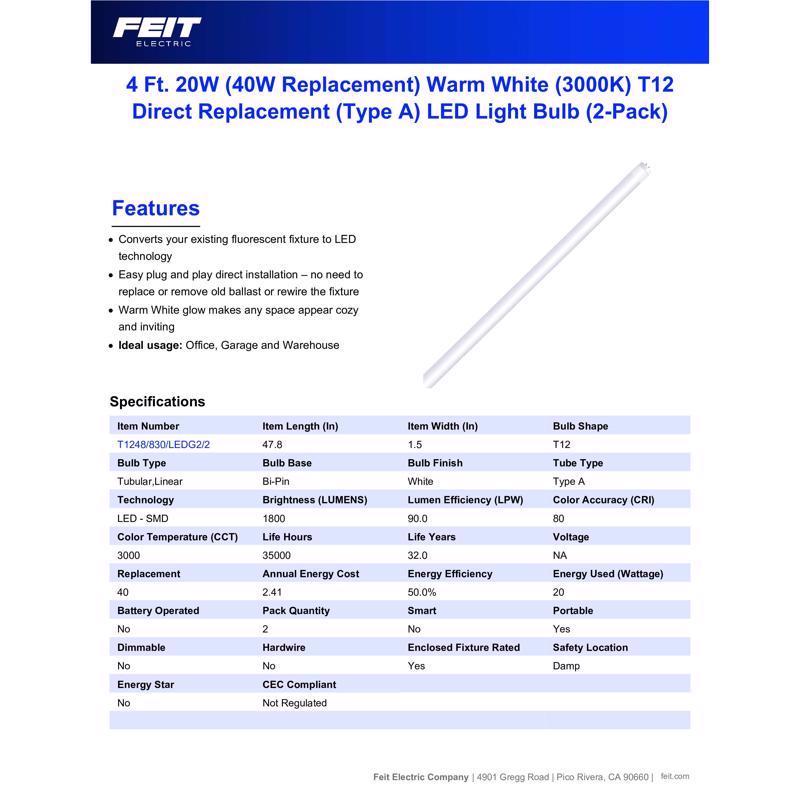 Feit T12 Warm White 48 in. G13 Linear LED Bulb 40 Watt Equivalence 2 pk