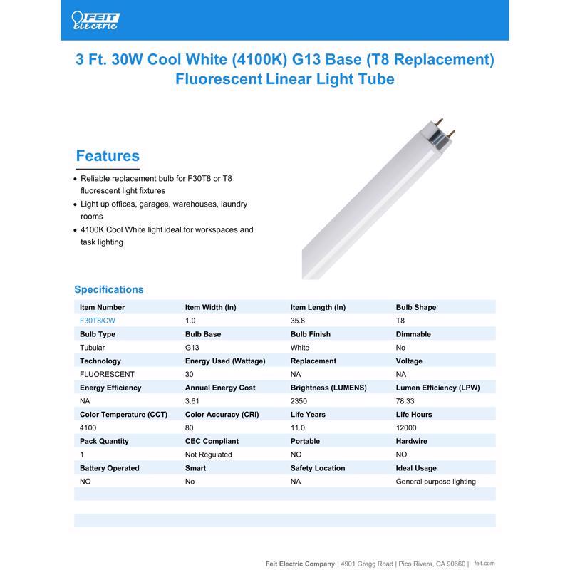 Feit Legacy Bulbs 30 W T8 1 in. D X 35.6 in. L Fluorescent Bulb Cool White Linear 4100 K
