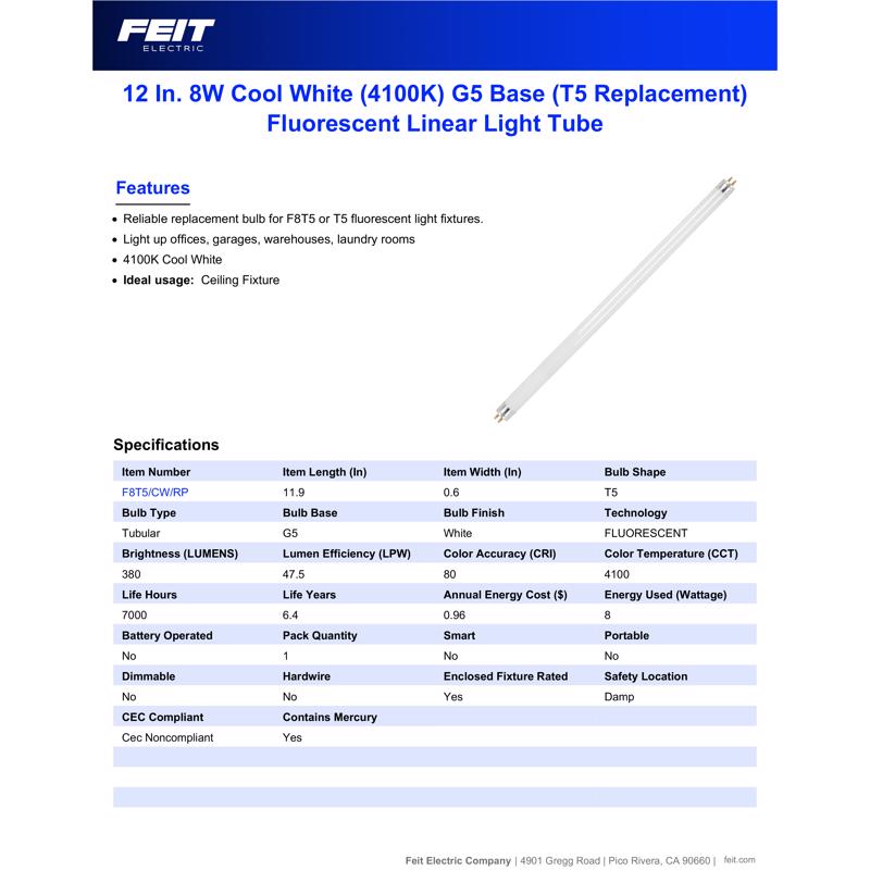 Feit Legacy Bulbs 8 W T5 0.63 in. D X 12 in. L Fluorescent Bulb Cool White Linear 4100 K